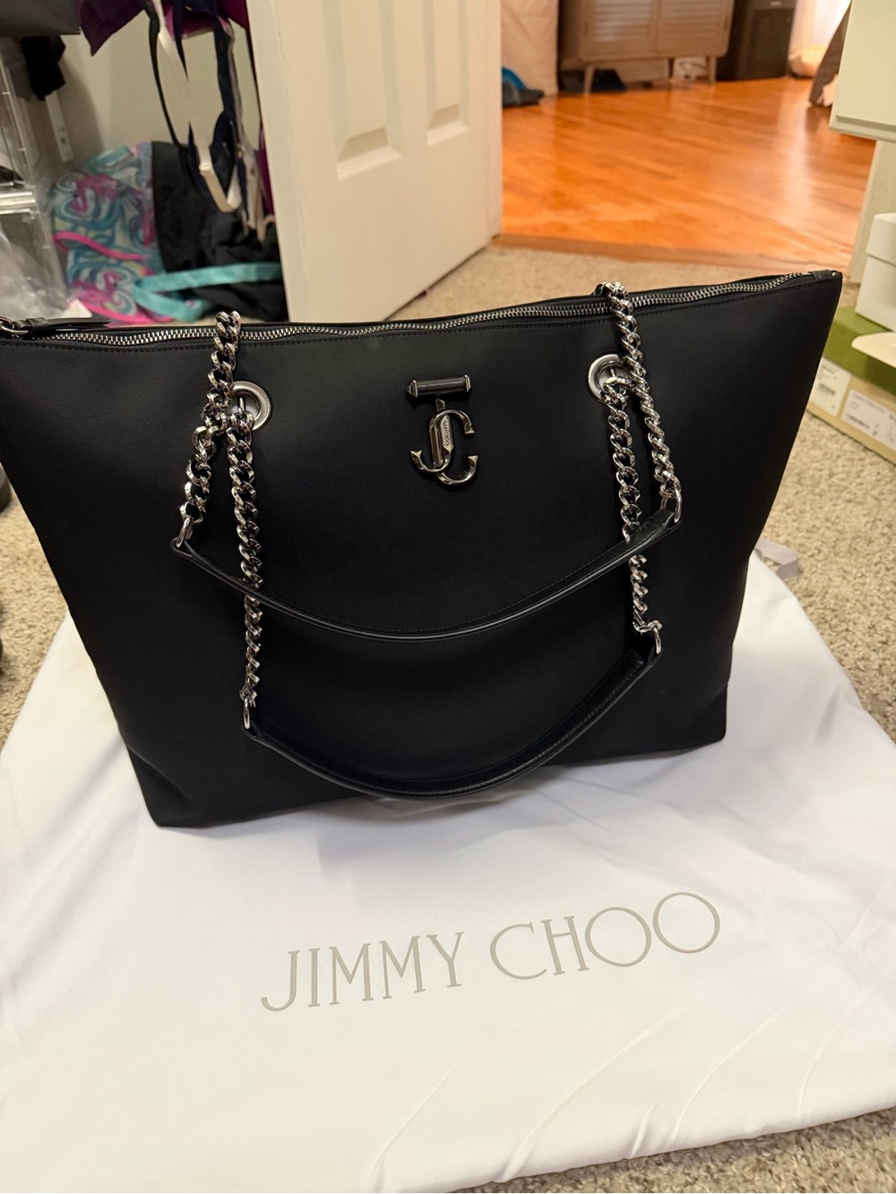 Jimmy Choo Black Nylon and Leather Tote with Chain-Strap Detail
